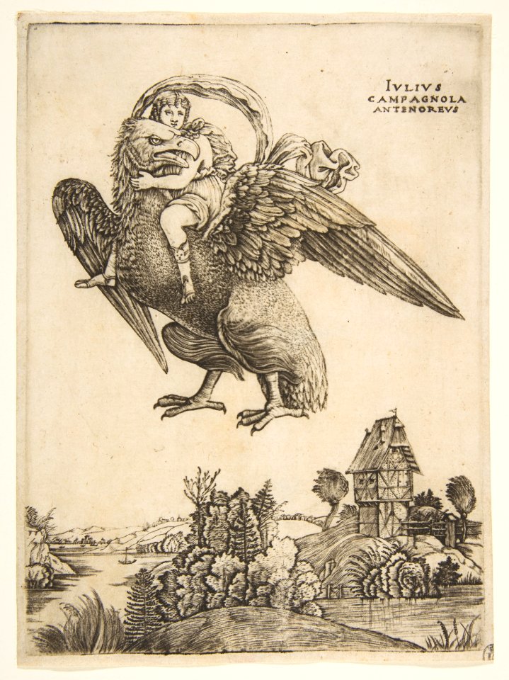 Ganymede as a young boy riding a large eagle (Zeus) in flight above a landscape MET DP813975