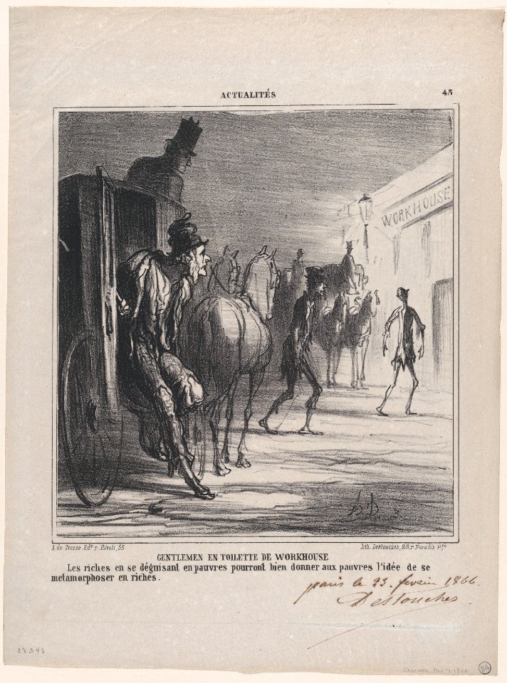 Gentlemen in workhouse clothes- If the rich are disguising themselves as poor, one might get the idea that the poor might transform themselves into the rich, from 'News of the day' MET DP877440