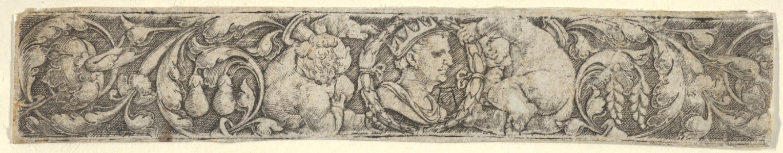 Frieze with Children Supporting the Bust of an Emperor Surrounded by Foliate Scrolls MET DP836757