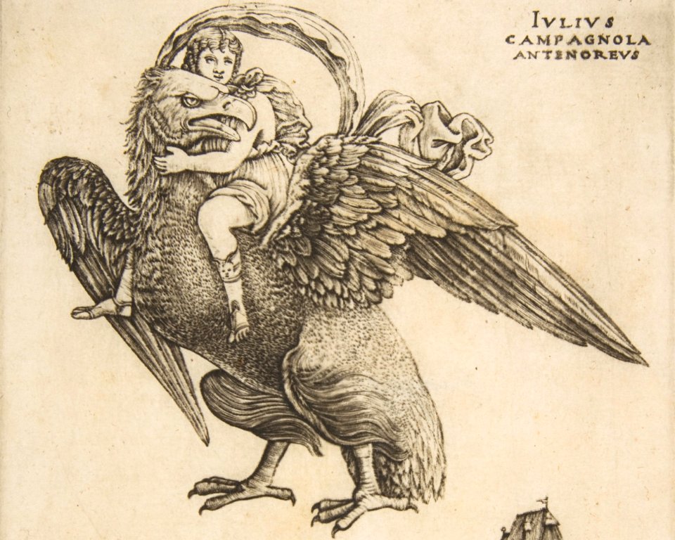 Ganymede as a young boy riding a large eagle (Zeus) in flight above a landscape MET DP813975 (cropped)