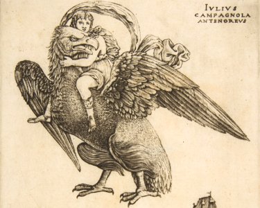 Ganymede as a young boy riding a large eagle (Zeus) in flight above a landscape MET DP813975 (cropped)
