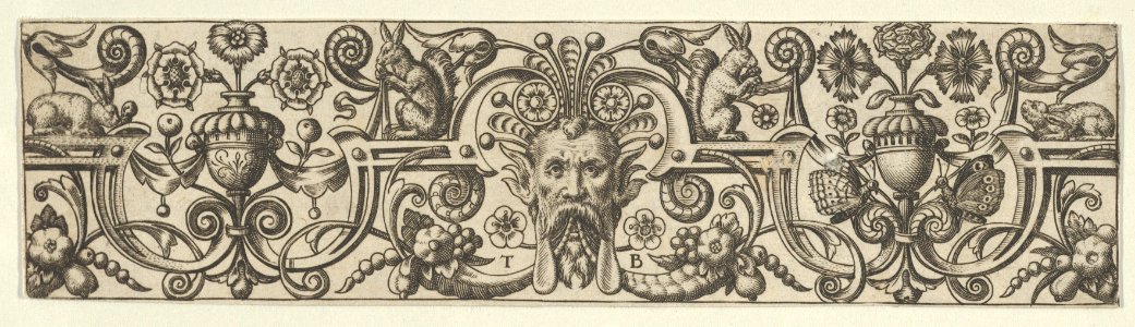 Frieze with a Bearded Mask Wearing a Headdress of Tendrils and Strapwork MET DP837274
