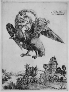 Ganymede as a young boy riding a large eagle (Zeus) in flight above a landscape MET MM7885