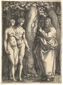 God at right forbidding the nude Adam and Eve at left to eat from the tree of knowledge in center, from 'Adam and Eve' MET DP828529