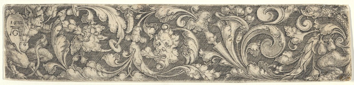 Frieze with Tendrils Growing from a Plant at Right and a Satyr Holding a Shield with the Artist's Monogram MET DP836758