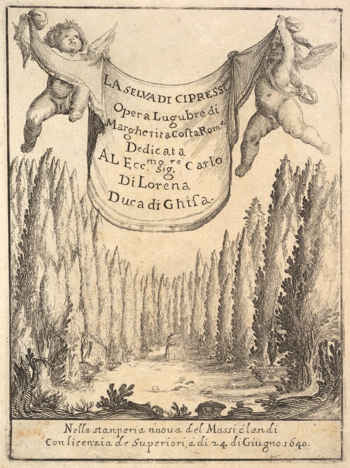 Frontispiece for 'The Cypress Forest' (La selva di cipressi)- two putti hold a tapestry in center, a forest of cypress trees and statues below, a skull and bones on the ground MET DP827812