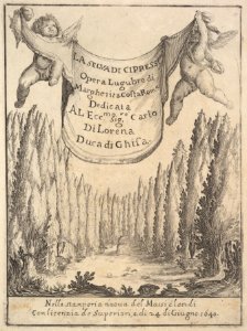Frontispiece for 'The Cypress Forest' (La selva di cipressi)- two putti hold a tapestry in center, a forest of cypress trees and statues below, a skull and bones on the ground MET DP827812
