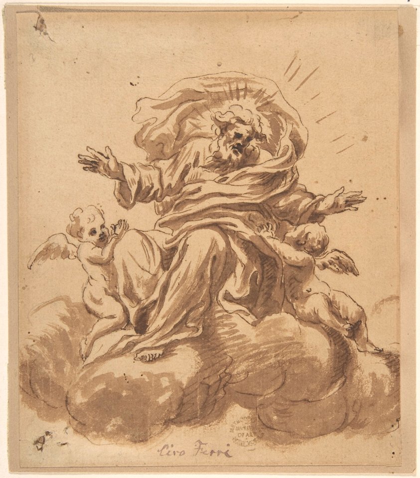 God the Father Seated on a Cloud, Flanked by Two Putti MET DP802451