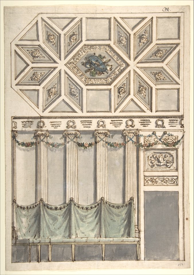 Framed Design for an Architectural Interior- Coffered Ceiling with Central Hexagonal Cartouche and Walls with Floral Ornament and Drapery. MET DP807837