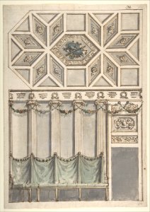 Framed Design for an Architectural Interior- Coffered Ceiling with Central Hexagonal Cartouche and Walls with Floral Ornament and Drapery. MET DP807837