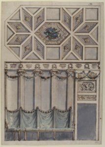 Framed Design for an Architectural Interior- Coffered Ceiling with Central Hexagonal Cartouche and Walls with Floral Ornament and Drapery. MET 67.689.11