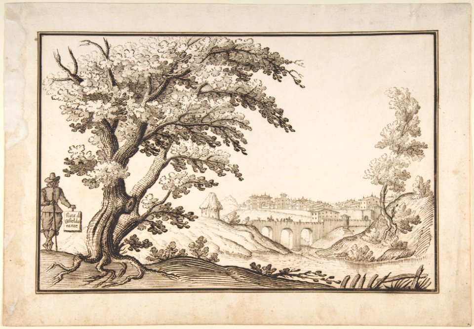 Framed Landscape with a View of Castel Durante with a Figure Holding an Inscribed Plaque in the Foreground MET DP807833