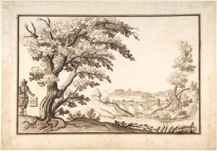 Framed Landscape with a View of Castel Durante with a Figure Holding an Inscribed Plaque in the Foreground MET DP807833
