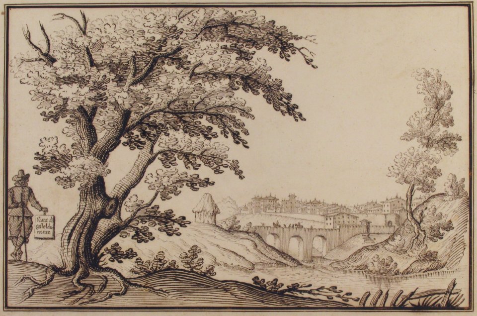 Framed Landscape with a View of Castel Durante with a Figure Holding an Inscribed Plaque in the Foreground MET 49.19.44