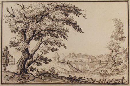 Framed Landscape with a View of Castel Durante with a Figure Holding an Inscribed Plaque in the Foreground MET 49.19.44