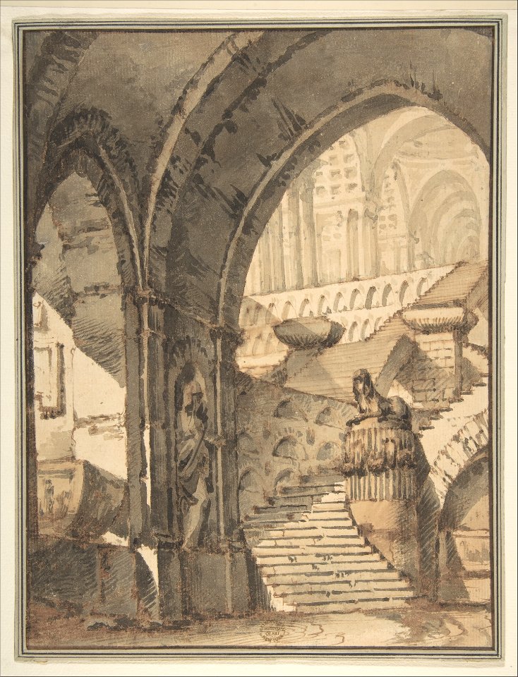 Framed Design for a Stage Set with Arches, Stairs, Human Figure and Sphinx Statue. MET DP807857