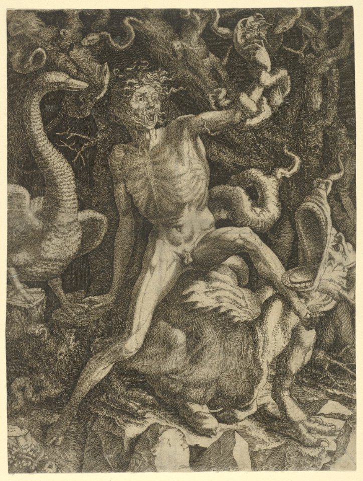 Fury personified as an old man riding a monster, holding a skull in his left hand MET DP851670