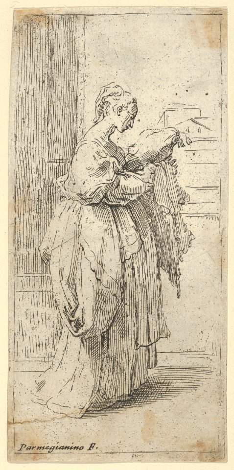 Girl carrying a cushion, seen in profile facing right MET DP837815