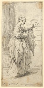 Girl carrying a cushion, seen in profile facing right MET DP837815