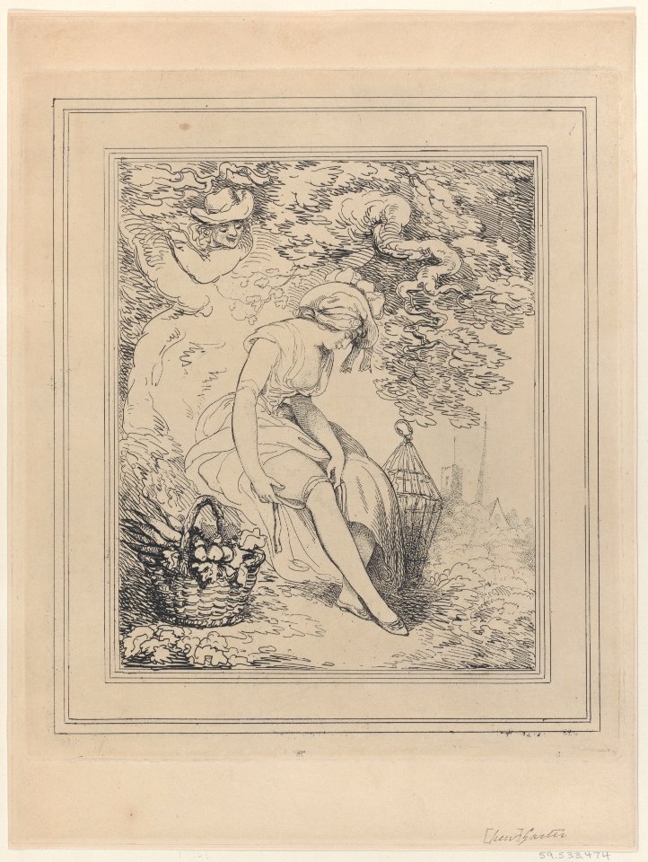 Girl with a Basket and Birdcage Adjusting Her Garter Met DP884362