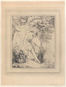Girl with a Basket and Birdcage Adjusting Her Garter Met DP884362