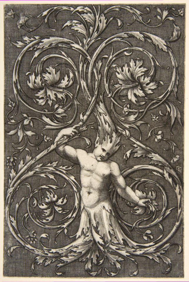 Grotesque with male figure with lower body and head of acanthus scrolls MET DP818705