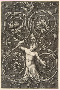 Grotesque with male figure with lower body and head of acanthus scrolls MET DP818705