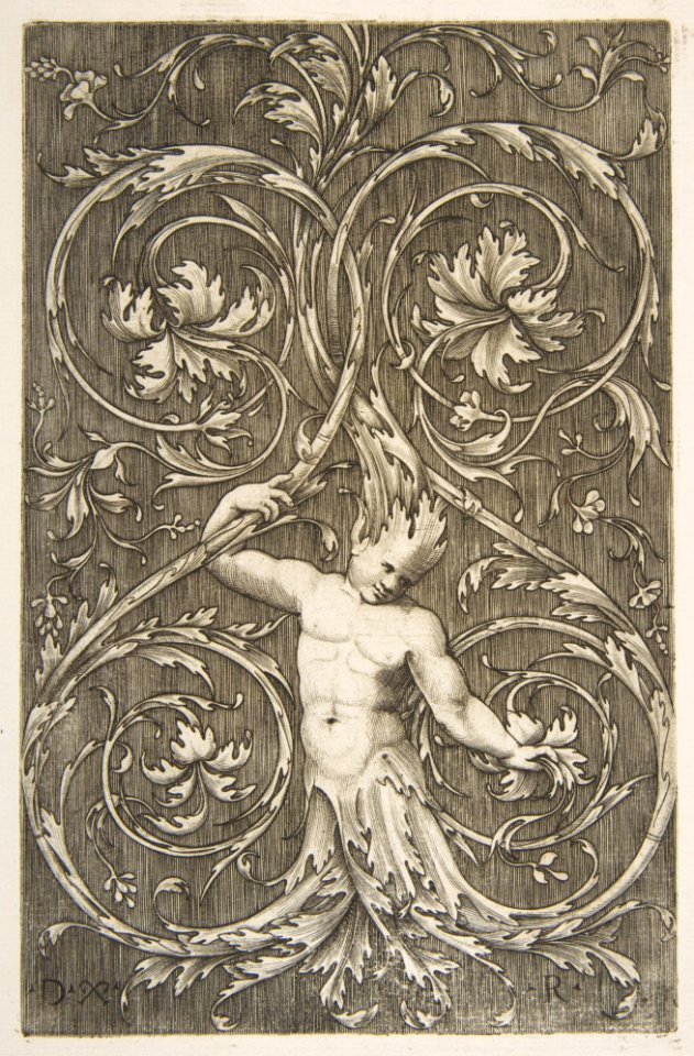 Grotesque with male figure with lower body and head of acanthus scrolls MET DP818704