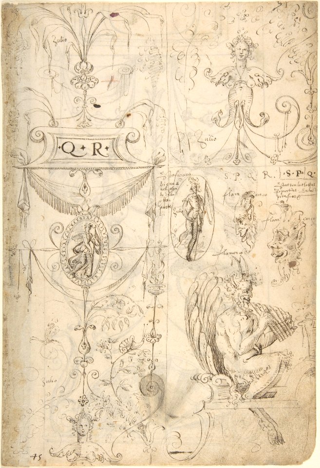 Grotesques Designs with Various Inscriptions (recto); Candelabra Grotesque and Two Putti Holding Flowers (verso) MET DP800646