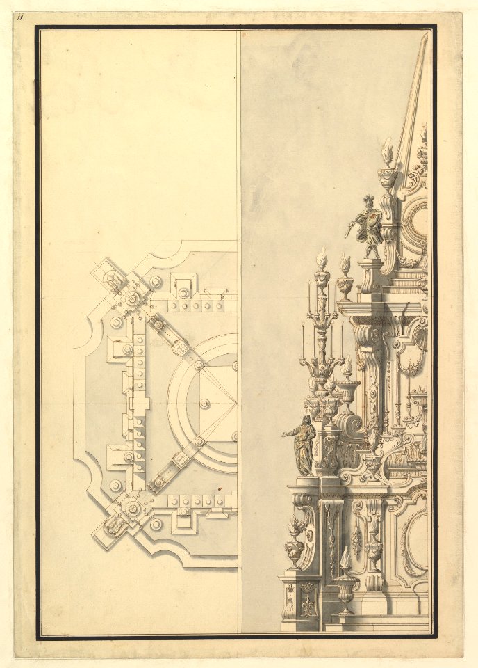 Half Plan and Half Elevation for a Catafalque for Margarita Louisa, Gran Duchess of Tuscany (d. 1721) MET DP820087