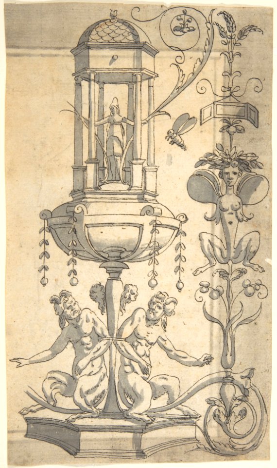 Grotesque with a Female Figure (Minerva?) in a Temple-like Structure with a Cupola, Agostino Veneziano, 1540 after