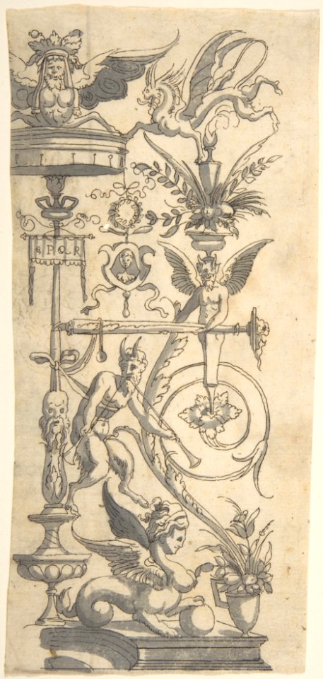 Grotesque with a Female Figure (Minerva?) in a Temple-like Structure with a Cupola MET DP804950