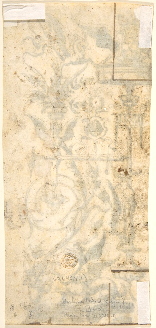 Grotesque with an Architectural Structure with a Young Boy on a Bed, Holding a Snake. MET DP804951