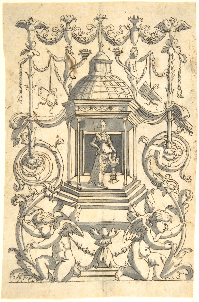 Grotesque with a Female Figure (Minerva?) in a Temple-like Structure with a Cupola MET DP804968
