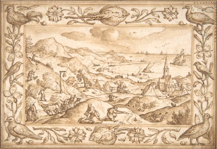 Hilly Coastal Landscape with Hunters, with an elaborate border of Fishes and Birds MET DP801111