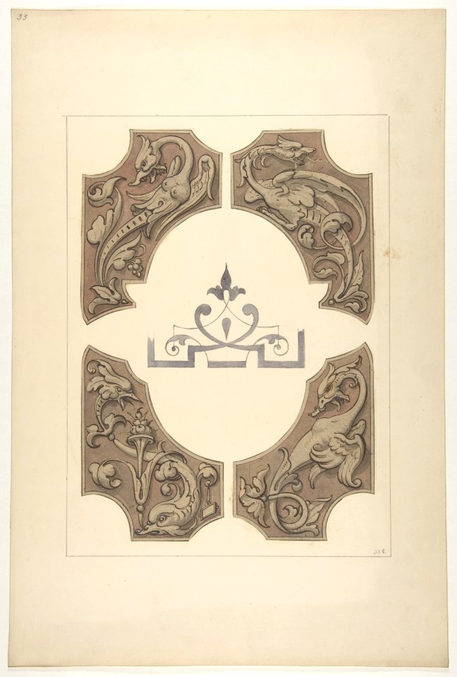 Grotesque designs featuring griffin, birds, and dolphins MET DP811437