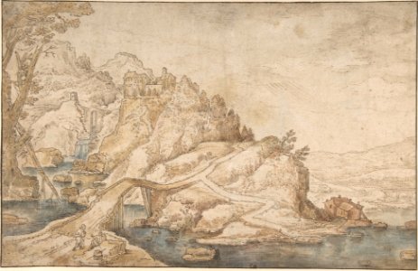 Hilly Landscape with River, Bridge and Houses with Two Figures at Left MET DP801835