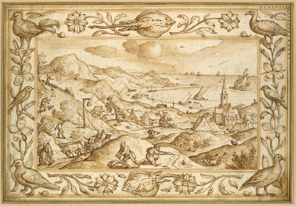 Hilly Coastal Landscape with Hunters, with an elaborate border of Fishes and Birds MET DP118683
