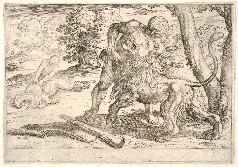 Hercules and the Nemean Lion- Hercules grasps the front right leg of the lion, which lifts its snout upward, in the middle ground Hercules pulls the skin from the lion's corpse, from the series 'The Labors of Hercules' MET DP832530