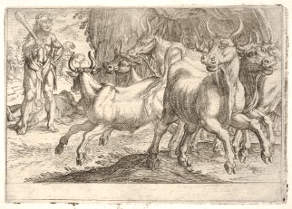 Hercules and the Oxen of Geryones- with a club raised by his right hand, Hercules confronts a group of galloping oxen, from the series 'The Labors of Hercules' MET DP832521