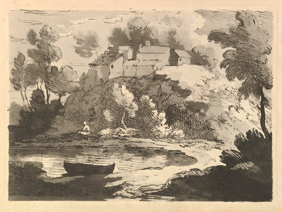 Hilly River Landscape, a Boat in the Water at Foreground Left, a Figure on the Far Shore, Houses on a Wooded Hill Beyond MET DP823309