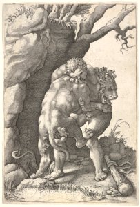 Hercules and the Nemean Lion- Hercules grasps the shoulders and chest of the lion, which is viewed from the back, beside a rocky outcrop MET DP832631