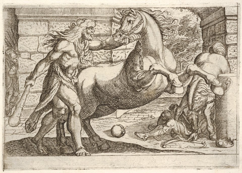 Hercules and the Mares of Diomedes- Hercules grasps the bridle of a rearing horse, a second horse tramples a figure in at right, from the series 'The Labors of Hercules' MET DP832520