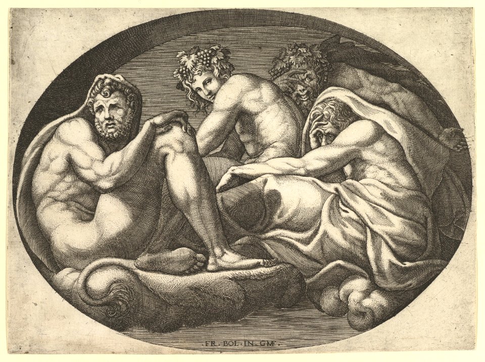 Hercules, Bacchus, Pan, and Saturn, from a series of eight compositions after Francesco Primaticcio's designs for the ceiling of the Ulysses Gallery (destroyed 1738-39) at Fontainebleau, 1560s