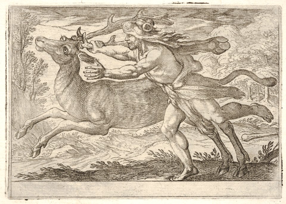 Hercules and the Hind of Mount Cerynea- Hercules strides alongside the hind and grasps the base of one antler with his right hand, from the series 'The Labors of Hercules' MET DP832531