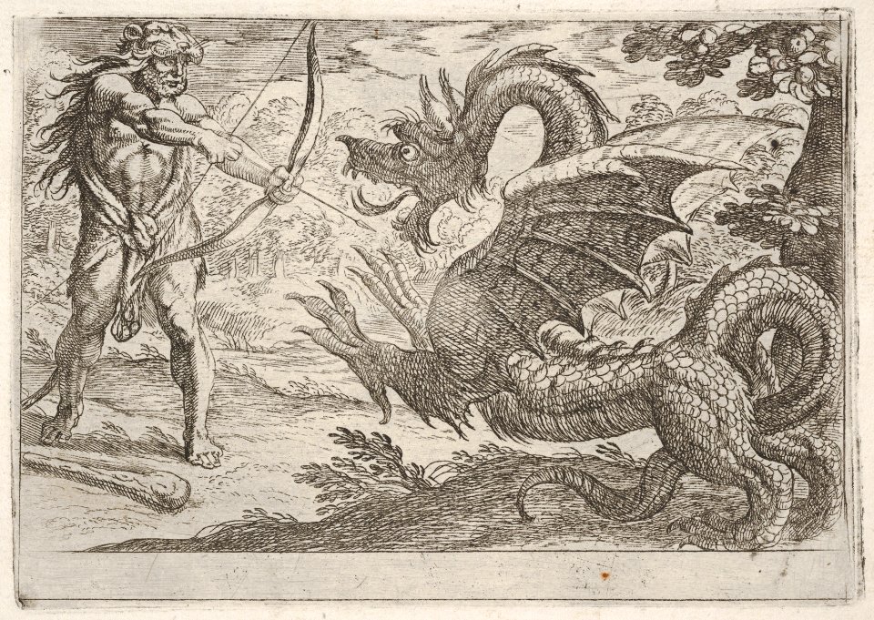 Hercules and the Serpent Ladon- Hercules draws his bow, the rearing serpent appears in profile, from the series 'The Labors of Hercules' MET DP832525