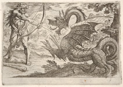 Hercules and the Serpent Ladon- Hercules draws his bow, the rearing serpent appears in profile, from the series 'The Labors of Hercules' MET DP832525