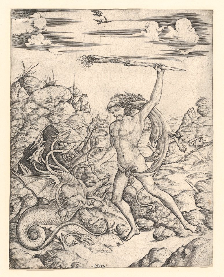 Hercules and the Hydra; wielding a torch he attacks the winged, multi-headed Hydra in rocky landscape, a hawk attacks a heron in the sky MET DP856661