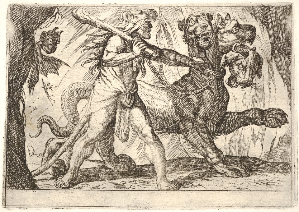 Hercules and Cerberus- Hercules grasps the collar of Cerberus, two ...