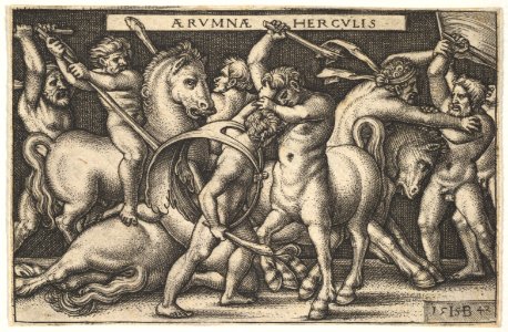 Hercules with his club in center fighting a centaur, other men fighting centaurs to left and right, from 'The labors of Hercules' MET DP828538